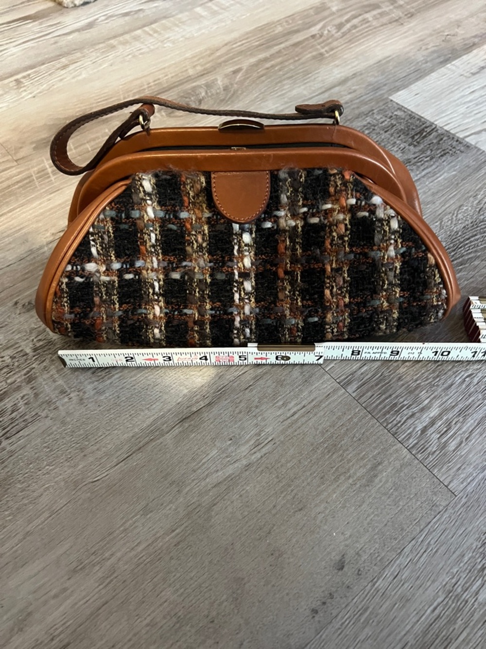Saks Fifth Avenue Brown and Black Tweed Wristlet with Tan Leather Trim